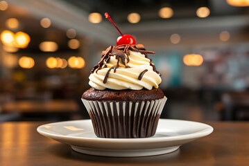 Decadent chocolate cupcake with creamy frosting and cherry topping