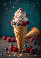 Delicious ice cream cone topped with berries and sprinkles