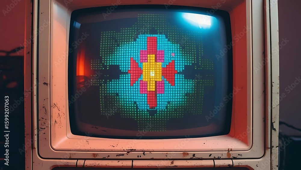 Fototapete An old, beige computer monitor displays a colorful, pixelated, symmetrical design resembling a flower or abstract pattern.