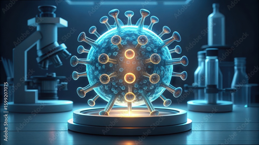 Poster detailed 3d rendering of engineered virus capsule under microscope