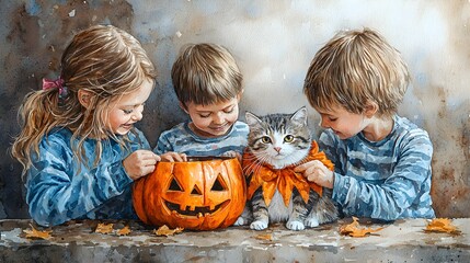 Vintage Painting of Two Children and a Cat
