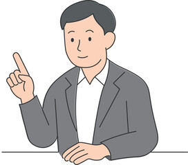 Man Explaining with Pointing Gesture
A flat-style illustration of a man in a suit pointing upward as he explains. Suitable for business presentations, manuals, educational content, and promotional mat