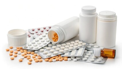 Assorted prescription pills and bottles on white background