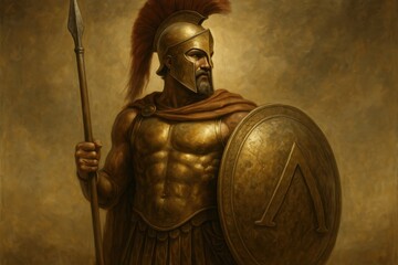 Fototapeta premium Legendary ancient Spartan warrior in full bronze armor with shield and spear representing classical military heritage and heroic tradition