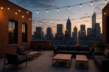 Industrial Urban Rooftop with Exposed Brick and Metropolitan Skyline Business District Views