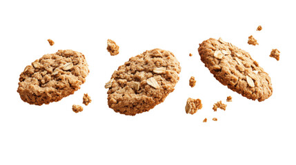 Crumbs integral wholewheat biscuit with oatmeal, cookie flying, isolated on white background