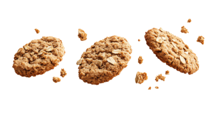 Crumbs integral wholewheat biscuit with oatmeal, cookie flying, isolated on white background