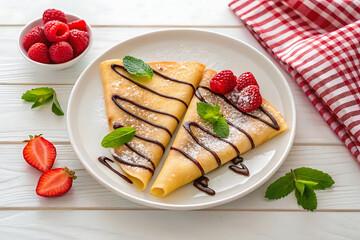 Delicious crepes with fresh berries and chocolate drizzle
