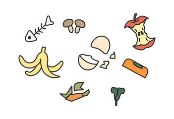 Compostable Food Waste Icon Set

A set of colorful icons showing compostable food waste items such as banana peels, eggshells, vegetable scraps, apple cores, and fish bones. 