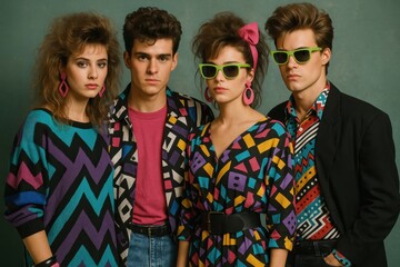 Nostalgic 1980s group portrait featuring retro fashion styling with bold colors neon accents and authentic vintage aesthetic representation