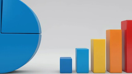 Colorful 3D data visualization featuring a blue pie chart and a growing bar graph for business financial analysis and market research presentation graphics - Powered by Adobe