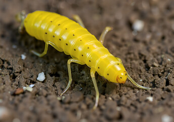Larva Pyrochroa coccinea caterpillar - Fire Moth butterfly. Close-up macro of yellow insect larva development. Background