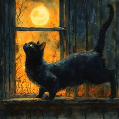 Vintage Portrait of Senior Black Cat at Night