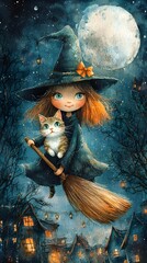 Vintage Portrait of Witch Holding Cat at Night