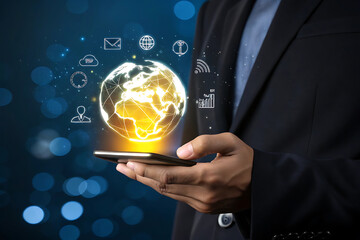 Businessman holding a glowing digital globe with technology icons