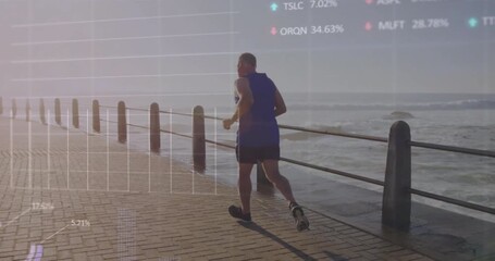 Jogger running along ocean railing at sunrise, generating animated fitness graphs updating metrics - Powered by Adobe