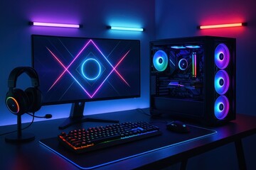 Professional gaming setup with high-performance PC and RGB lighting configuration