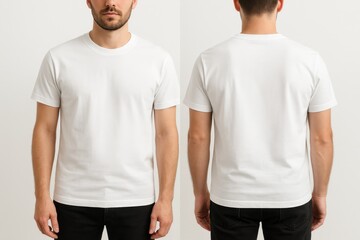 Professional men's white t-shirt template showing front and back views for apparel design and fashion mockup applications