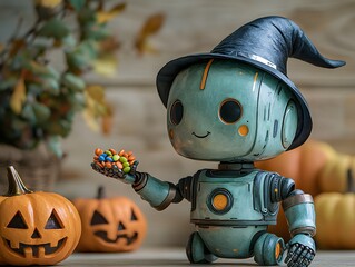 Vintage Robot Holding Pumpkin for Holiday Decor