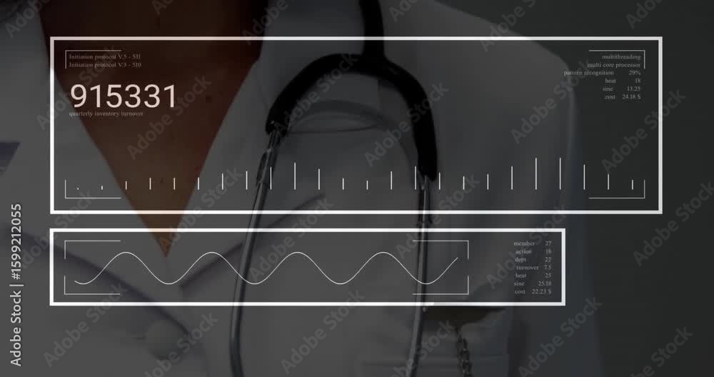 Aufkleber female doctor holding device and activating hud showing readouts and bar graphs for biometric scan
