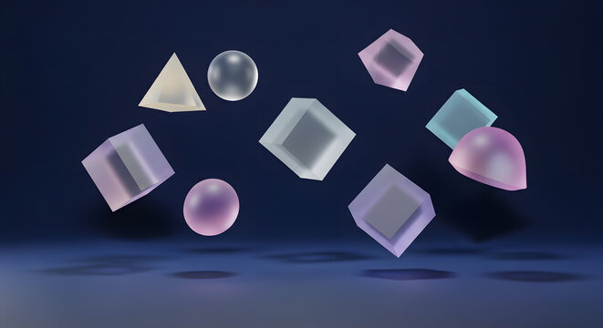 Navy blue background with floating 3D geometric shapes