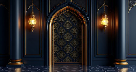 Ornate gothic archway with intricate stained glass and warm lanterns