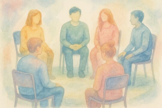 Therapeutic watercolor artwork depicting supportive group therapy session with calming mental health symbolism