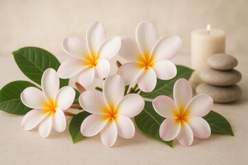 Naklejka premium Tropical frangipani flowers arranged in spa-inspired wellness composition
