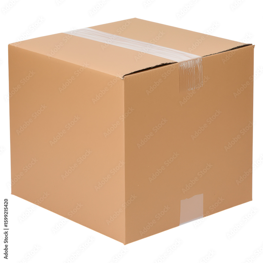 Poster brown cardboard box with sealed edges for shipping use isolated on transparent background.