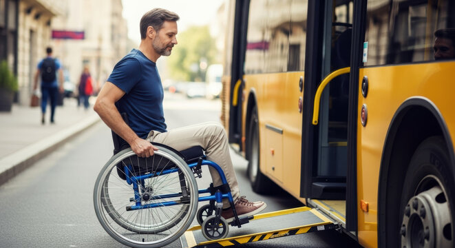 Man in wheelchair using ramp to board yellow public transportation bus on city street accessibility focus