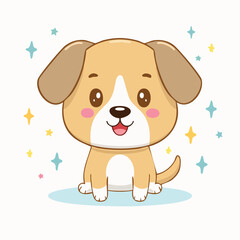 Cute Sitting Kawaii Puppy Surrounded by Sparkles, Cartoon Illustration, AI Generated