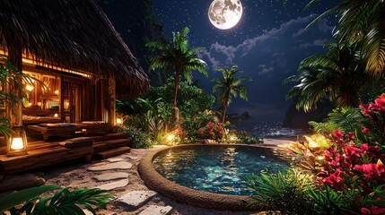 Tropical Hut at Night with Pool