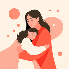 Loving Mother Embracing Child with Hearts - Mother's Day Love and Maternal Bonding Concept