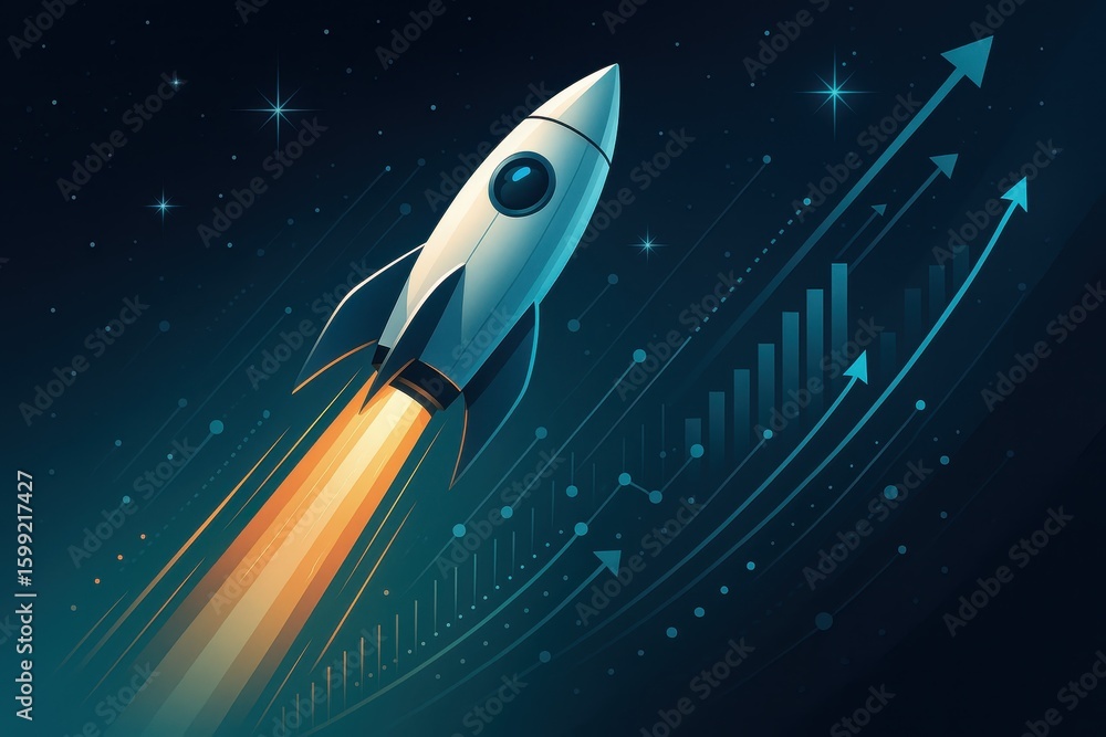 Poster 3d rocket launch visualization representing startup growth and business innovation trajectory toward