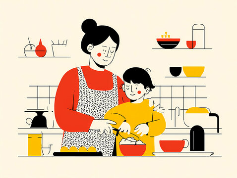 Mother and Child Cooking Together in Modern Kitchen - Family Bonding and Home Cooking Concept