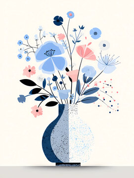 Abstract Floral Arrangement in Blue Vase - Modern Botanical Art and Home Decor Concept