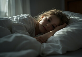 A Young Child Lying in Bed Awakened by Morning Sunlight Streaming Through the Window Creating Dramatic Shadows Across Their Face as They Rest Comfortably Underneath White Bedding	