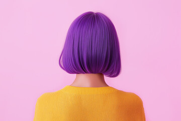 Portrait of a woman with purple hair on pink background close-up, rear view.