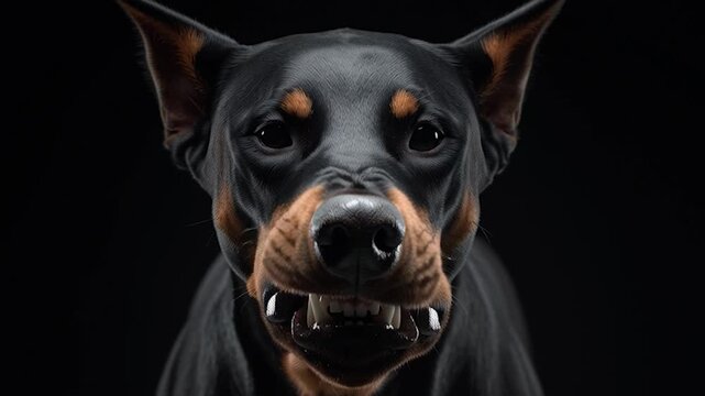 Doberman Pinscher looking at camera against black background