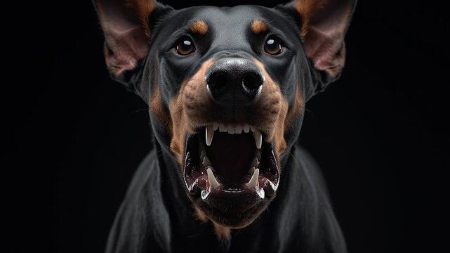 Doberman Pinscher looking at camera against black background