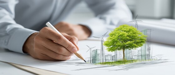 Expert illustration of sustainability concepts in urban planning with eco-friendly elements
