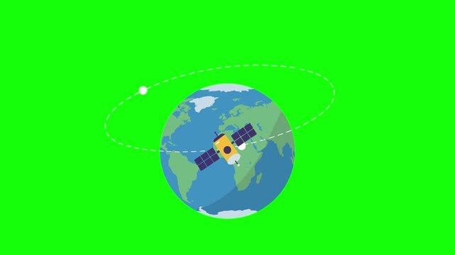2D animation of Earth with a single satellite revolving in an angled orbit, isolated on vivid green screen background for easy compositing. Ideal for science presentations, space infographics, and VFX