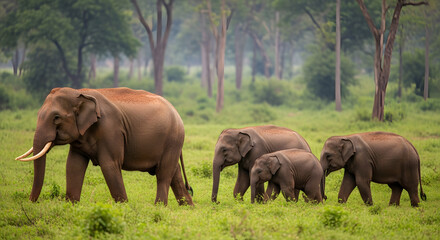 Asian Elephant Family Walking Green Grassland elephants