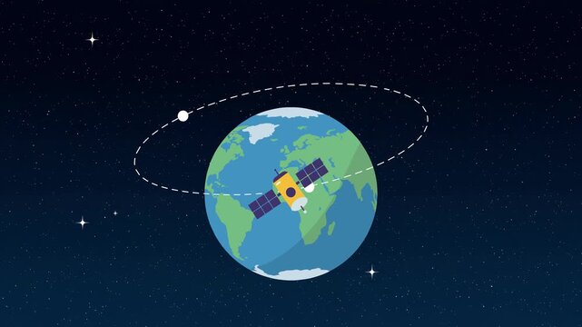 2D animation of Earth with a single satellite revolving in an angled elliptical orbit on a dark starry background. Perfect for illustrating orbital mechanics, satellite communication, or space science