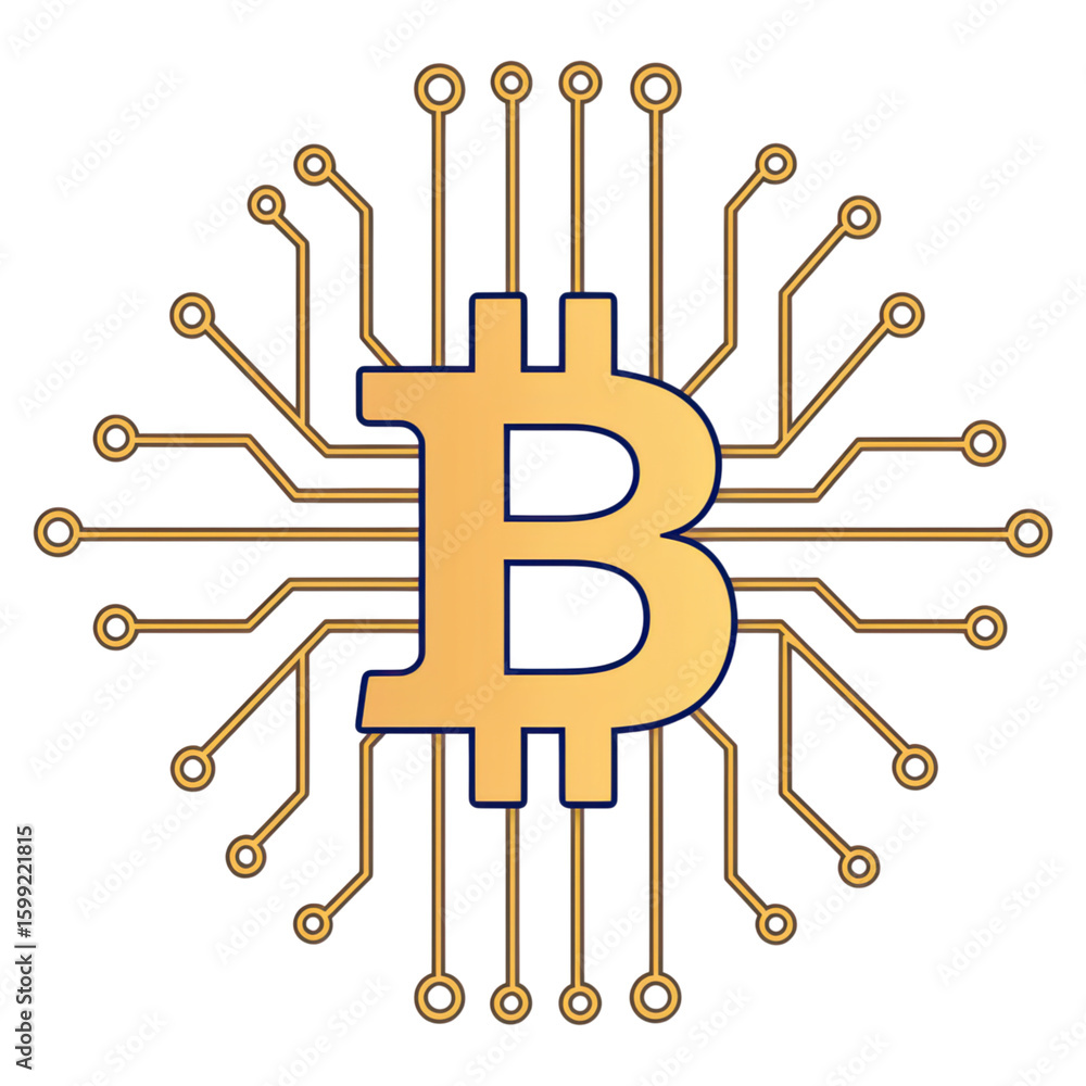 Aufkleber golden bitcoin symbol with circuit design for digital finance isolated on transparent background.