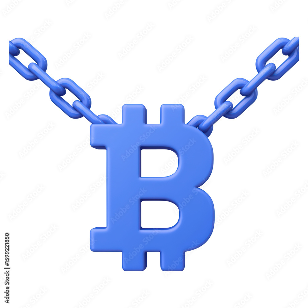 Poster blue bitcoin symbol with chain on a transparent background isolated on transparent background.