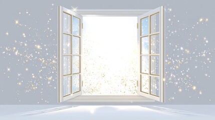Open window frame facing bright light and blue skies, with gold sparkles