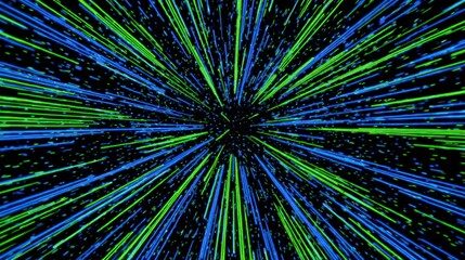 Obraz premium Abstract image of radiating green and blue lines on a black background.