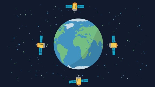 Flat 2D animation of planet Earth with four communication satellites orbiting in outer space on a dark starry background. Great for global technology videos, telecommunication explainers, and astronom
