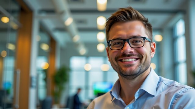 Confident man smiling in modern office environment showcasing positive impact of women in blockchain industry